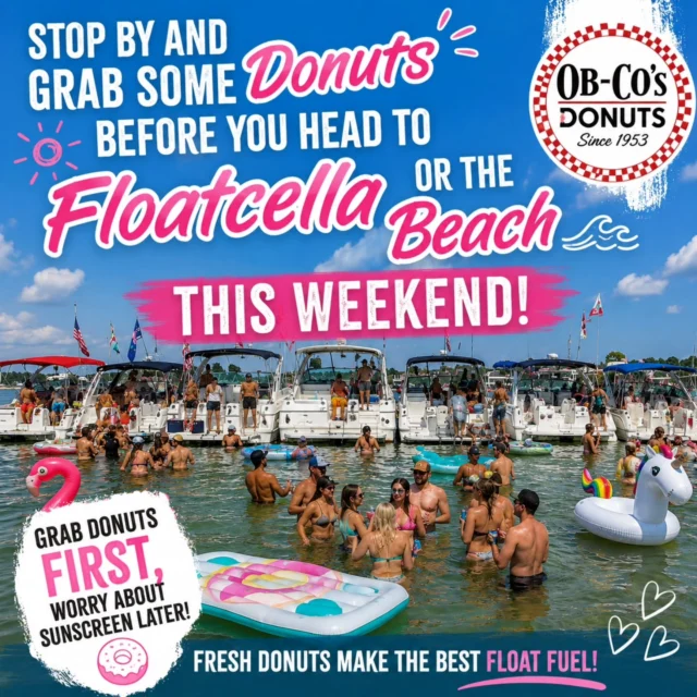 ☀️ The forecast is calling for sunshine, boats, and beach days! 🍩🌊

Before you head to Floatcella or the beach this weekend, swing by Ob-Co's Donuts and fuel up with your favorite fresh donuts. Better yet, pre-order so your favorites are ready when you are!

Have an awesome weekend, stay safe, and we'll see you bright and early! 🚤🏖️🍩

#donuts #Floatcella #JerseyShore #BoatLife #BeachWeekend